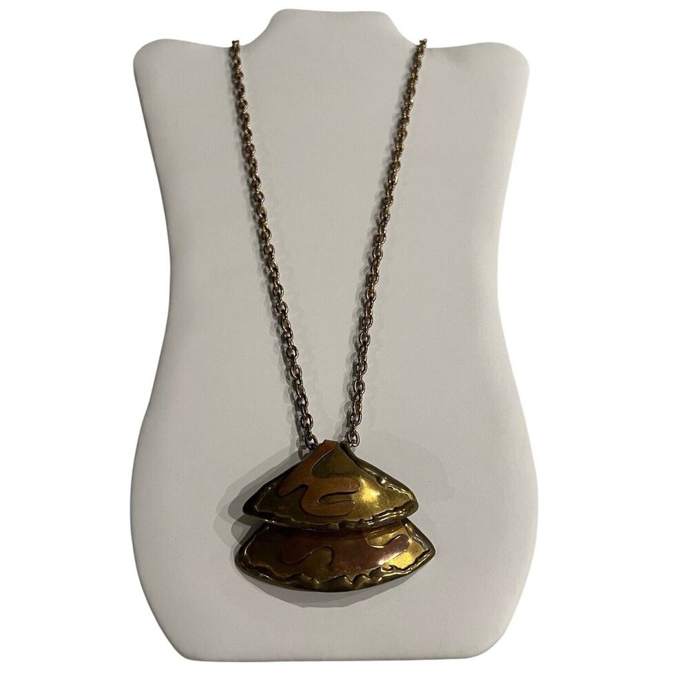 Vintage Brutalist Copper Brass Mixed Metal Pendant Necklace Signed 1970s